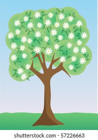 Single floral white flower tree daytime setting vector illustration