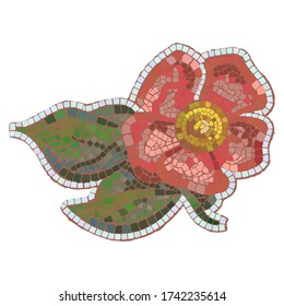 Single flower in digitally created roman mosaic style. Vector stock illustration in vintage style, isolated on white background.