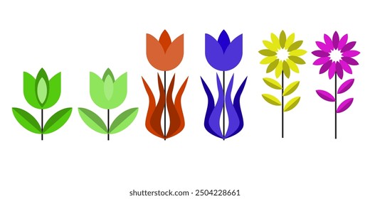 Single flower doodles drawing vector illustration. Spring flower outline set including a rose, sunflower daisy, hibiscus, peony