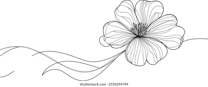 Single flower with flowing lines isolated on white background