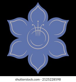 Single flower head with six petals. Floral mandala. Blue blossom on black background. Folk style.