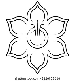 Single flower head with six petals. Floral mandala. Black and white linear silhouette. Folk style.