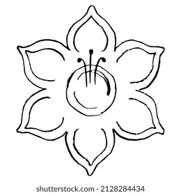 Cabeza de una sola flor con seis pétalos. Mandala floral. Estilo popular. Esbozo en bruto de doodle lineal dibujado a mano. Silueta negra de fondo blanco.