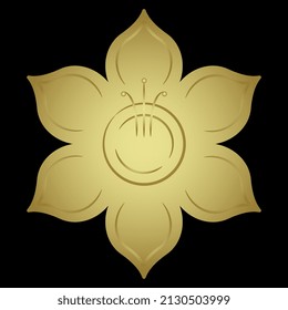 Single flower head with six petals. Floral mandala. Golden glossy silhouette on black background.