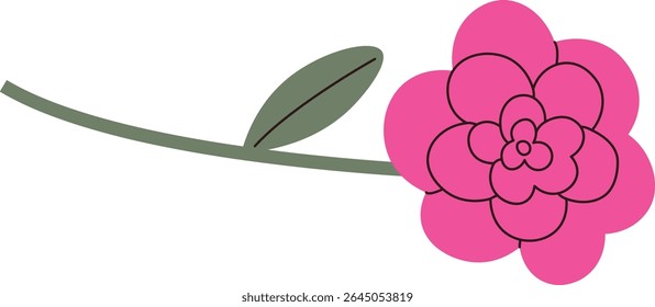 A single flower with layered petals on a curved stem and a leaf in a flat style. The blossom is detailed with concentric circles and a simple leaf. Cartoon vector illustration.