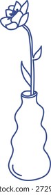 Flor única com haste longa e folhas de pé em um vaso de vidro ondulado, desenho de arte de linha limpa. Símbolo de elegância, crescimento e serenidade para decoração, hospitalidade. Ilustração de vetor de desenhos animados.