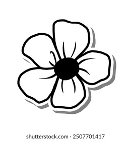 Single Flower Outline Blooming on white silhouette and gray shadow. Hand drawn cartoon style. Vector illustration for decorate, coloring and any design.