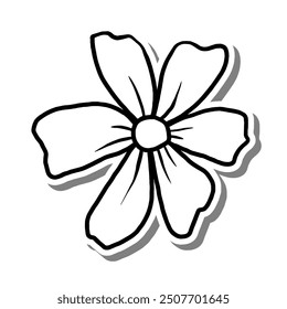 Single Flower Outline Blooming on white silhouette and gray shadow. Hand drawn cartoon style. Vector illustration for decorate, coloring and any design.