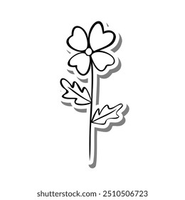 Single Flower Outline on white silhouette and gray shadow. Hand drawn cartoon style. Vector illustration for decorate, coloring and any design.