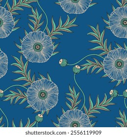 Single flower repeat pattern, big floral, buds, blue, Seamless pattern, leaves, cute, abstract, endless, all over print to use textile, fabric, clothing, background, autumn, wallpaper, home textile