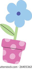 A single flower with round petals in a polka dot pot, drawn in a playful style. The flower stands tall with a simple leaf and stem. Cartoon vector illustration.