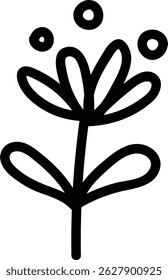 A single flower with rounded petals and small circles is depicted in a bold line art style.  The floral motif uses a thick black outline to create a simple botanical image. Cartoon vector illustration