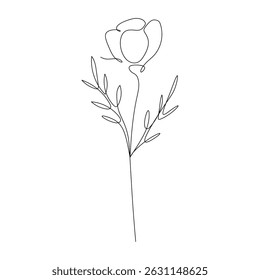 Single flower with slender leaves in continuous line style. Modern minimalist botanical illustration, perfect for tattoo, print design, and natural decor themes