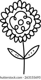 Uma única flor com pétalas espirais e duas folhas em um estilo de arte de linha lúdica. A flor apresenta padrões circulares e um tronco simples, criando um olhar encantador. Ilustração de vetor de desenhos animados.