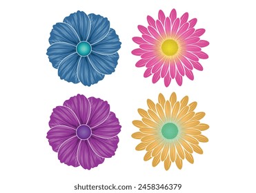 Single flower top view set. Pink purple yellow blue green color. Isolated on white background.