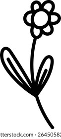 A single flower with two leaves drawn in a bold line style. The illustration depicts a minimalist floral design with clean lines. Cartoon vector illustration.