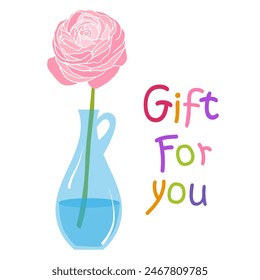 single flower in vase, gift for you text. Pink. Vector illustration  for seasons greeting postcard, poster, invitation, web banner, sale advertising. spring mood, Gratitude, like symbol