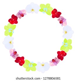 Single flowers of orchids of different colors arranged in a circle. A wreath of flowers of orchids. Flower wreath. Flowers orchids white, lemon, crimson and pink.