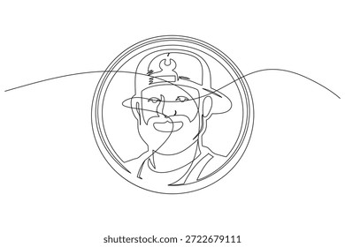 Single flowing line art minimal illustration of a bearded mechanic man wearing a cap