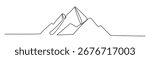 A single, flowing line depicts a rugged mountain range, perfect for minimalist design or conveying adventure and exploration themes.