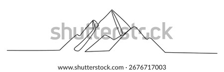A single, flowing line depicts a rugged mountain range, perfect for minimalist design or conveying adventure and exploration themes.