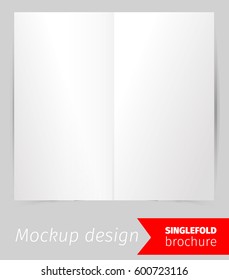 Single fold brochure mockup design, blank white paper, realistic rendering, isolated on grey background, copyspace for text, sheet template for menu, booklet or presentation data, vector illustration