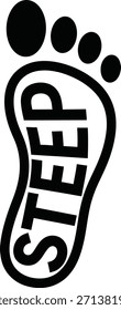 Single footprint shoe print vector illustration with Step text for hiking and travel concepts on a transparent background.