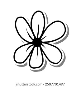 Single Forget Me Not Flower Outline Blooming on white silhouette and gray shadow. Hand drawn cartoon style. Vector illustration for decorate, coloring and any design.