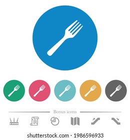 Single fork flat white icons on round color backgrounds. 6 bonus icons included.