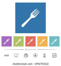 Iconos blancos planos de una horquilla en fondo cuadrado. 6 iconos de bonificación incluidos.