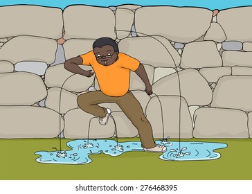 Single frantic man covering leaky stone wall