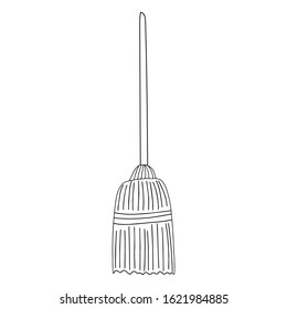 Single freehand broom. Doodle isolated outline element on the white background. Vector illustration. 