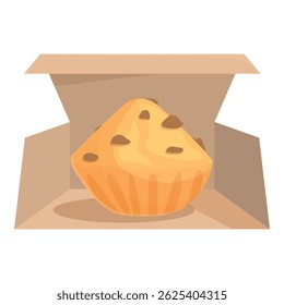 Single, freshly baked chocolate chip muffin being placed in a cardboard box for takeout