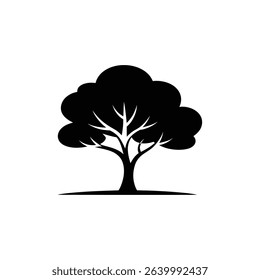Single full tree shown in a black vector illustration with thin branches and full foliage on a white background, a ground line underneath it.