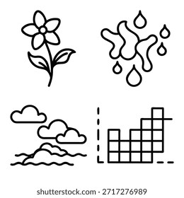 Florecimiento de flor de jardín único, salpicaduras de gotitas líquidas Abstractas, nubes sobre las olas del océano y conjunto de iconos de contorno de gráfico de escalera de bloque ascendente