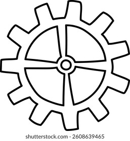 A single gear with thick outlines in a minimalist style. The cogwheel is depicted with a simple and clean design. Cartoon vector illustration