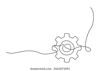 Single gear wheel drawing in continuous one line design. Mechanical and engineering concept.