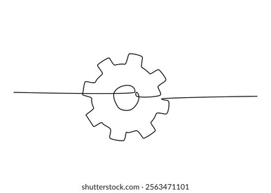 Single gear wheel drawing in continuous one line design. Mechanical and engineering concept.