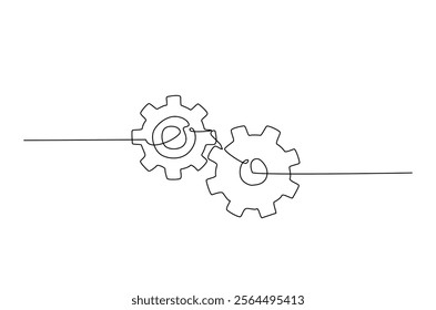 Single gear wheels drawing in continuous one line design. Mechanical and engineering concept.