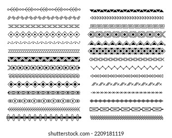 Bordes de línea geométrica simples. Borde tribal y decoraciones de cuadros hechos a mano y divisores. Patrón de lucha decorativa, elementos vectoriales horizontales étnicos decentes