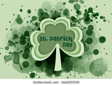 Single and giant shamrock plants in paper cut style with the day of event on green watercolor splash background. Saint Patrick's Day greeting card in watercolor, paper cut and vector design.
