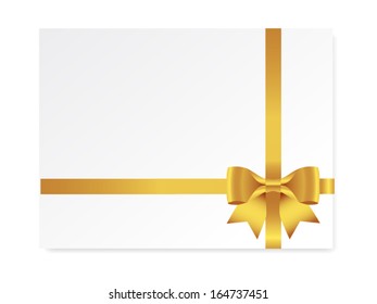 single gift bow of gold color, cross ribbon on white, vector