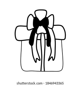 single gift is drawn in the style of doodles, isolated on a white background. Cute   gift box icon for birthday, Christmas or Valentine's Day. . vector  Hand-drawn. sketch