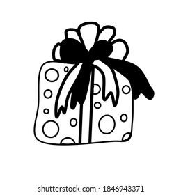 single gift is drawn in the style of doodles, isolated on a white background. Cute   gift box icon for birthday, Christmas or Valentine's Day. . vector  Hand-drawn. sketch