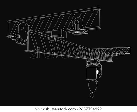 A single girder overhead crane stands out against a black background in this detailed technical drawing. The illustration highlights the crane's robust structure, precise mechanical components.