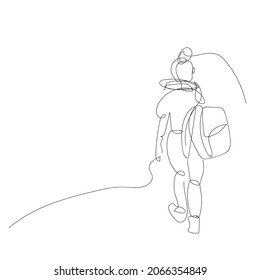 A Single girl with a backpack is walking. Alone woman in a jorney. Traveler, backpacker. Vector single line drawing. Black and white illustration