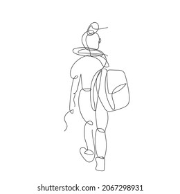 A Single girl with a backpack is walking. Alone woman in a jorney. Traveler, backpacker. Vector single line drawing. Black and white illustration. Vagabond