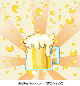 a single glass of beer with foam within a stripes background with bubbles