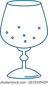 A single glass is depicted with a simple blue line drawing style showing bubbles inside. This clear glassware contains carbonated beverage represented by small circles. Cartoon vector illustration
