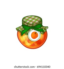 Single glass jar of apricot jam covered with textiles, tied with ribbon with label on white background, colorful vector illustration